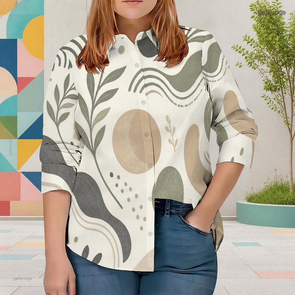 Women Plus Size Collared Long Sleeve Abstract Geometric Printed Button Front Shirt