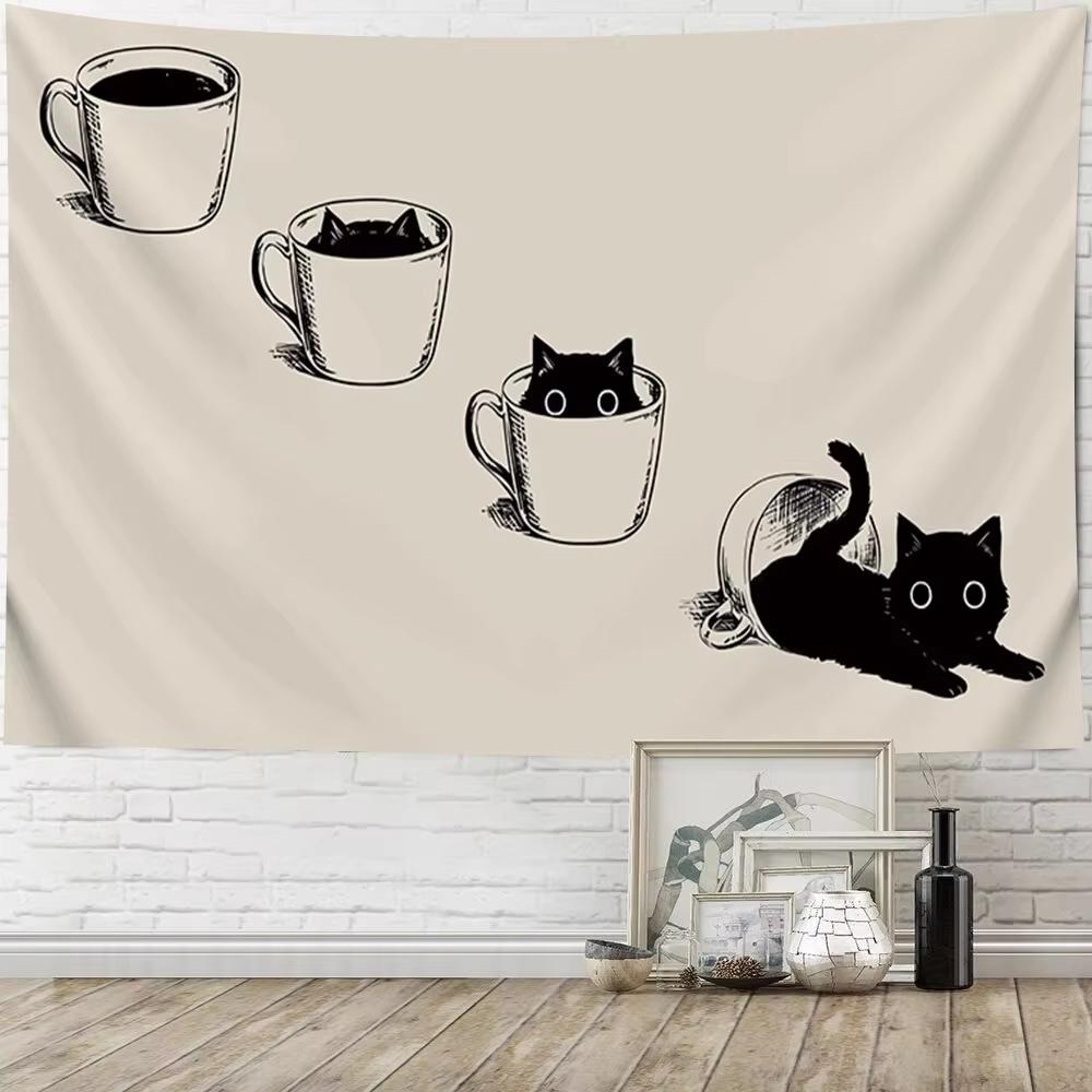 

VIKAMA Healing Cat Wall Hanging Black Cat Peeking Out of Teacup Design Bedroom Living Room Feature Wall Decor 74x94cm(29x37in)