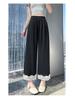 Women's Japanese High Waist Black Lace Trim Patchwork Cotton Wide Leg Cropped Pants - Spring/Summer Casual Loose Fit.
