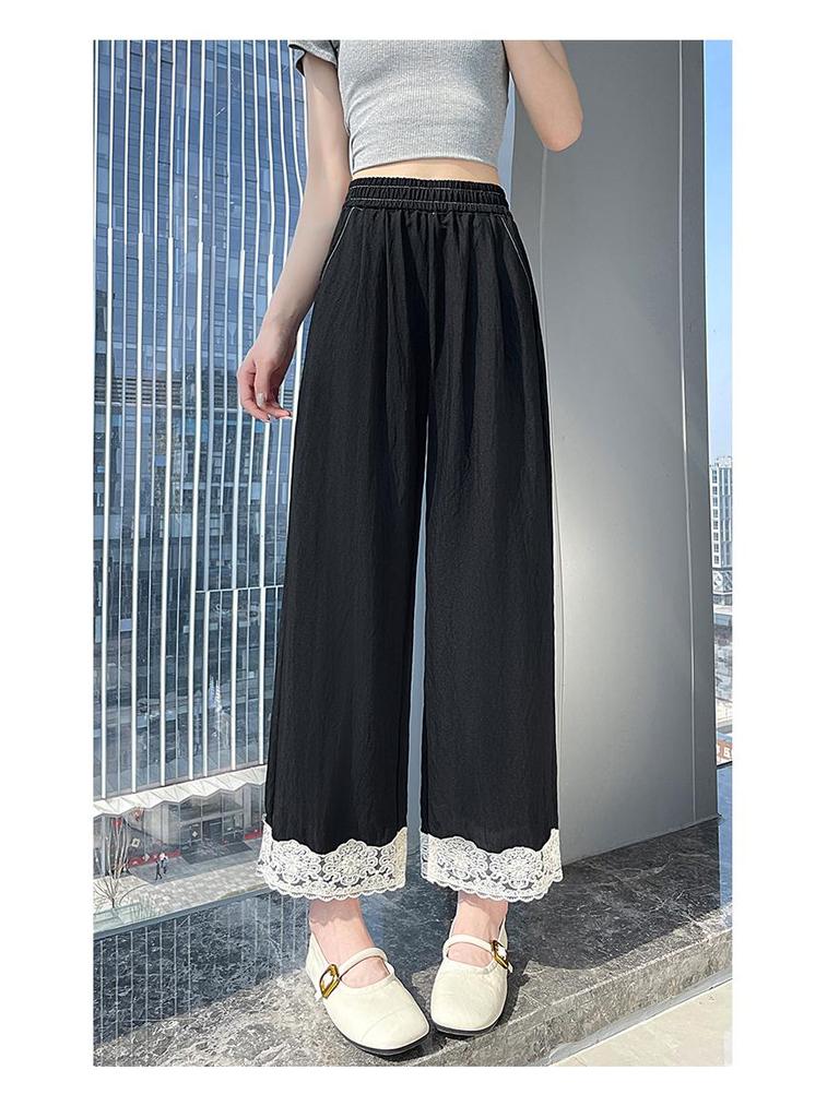 Women's Japanese High Waist Black Lace Trim Patchwork Cotton Wide Leg Cropped Pants - Spring/Summer Casual Loose Fit.