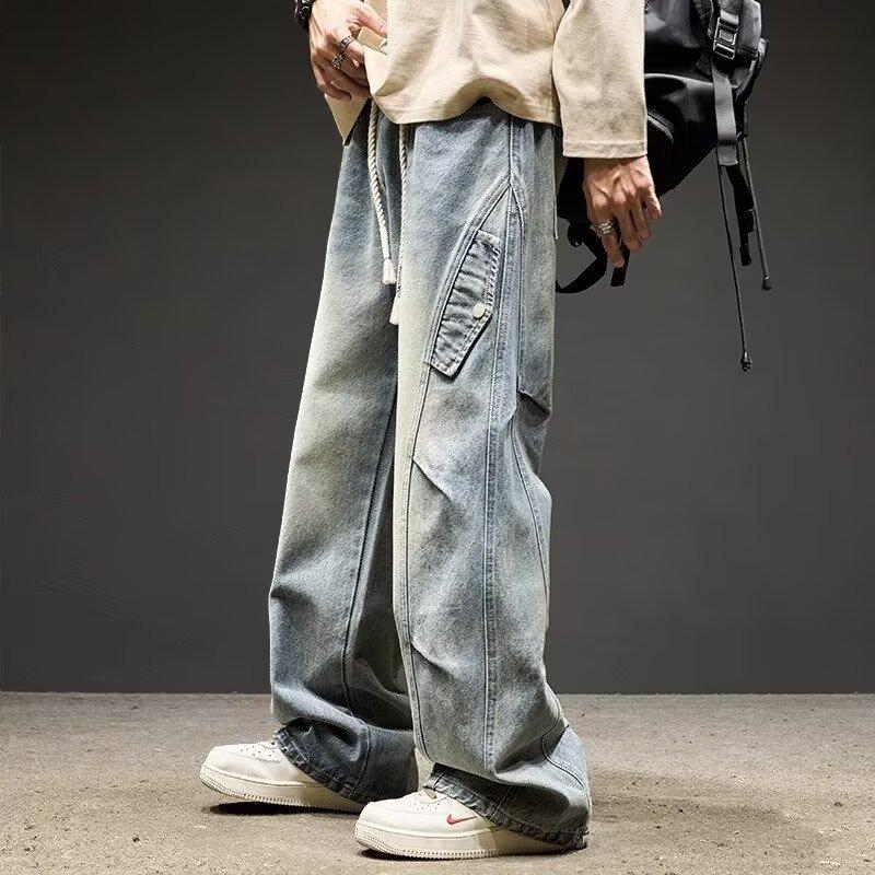 JYL Men's Parachute Pants American Vintage Pleated Patchwork Winter Loose Straight Denim