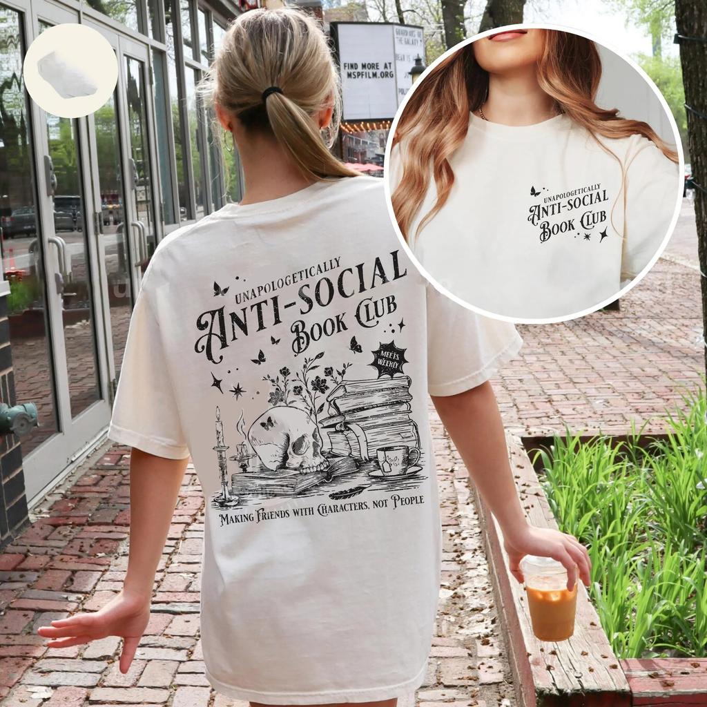 Vintage Antisocial Book Club 2 Sided Comfort TShirt for Introverted RoUnisexce Reader Distressed Tee Trendy Casual Streetwear