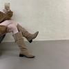Korean Version of Retro Square Head Thick Heel Tall Knight Boots Women's 2025 Autumn and Winter New Stacking Boots Look Thin But Knee Boots
