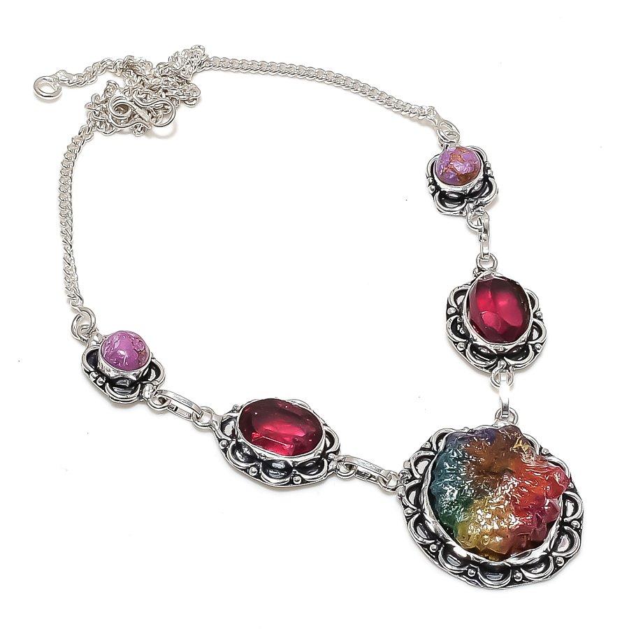 Natural Titanium Druzy, Garnet 925 Sterling Silver Jewelry Necklace 18" W2y98