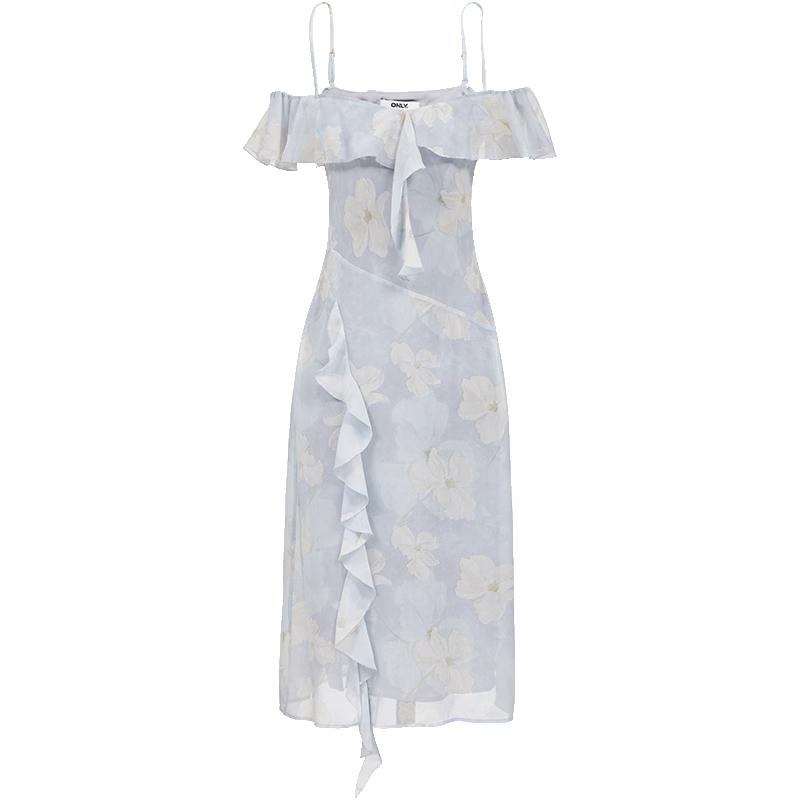 ONLY Women s Printed Ruffle Slit V-Neck Thin Strap Midi Dress S