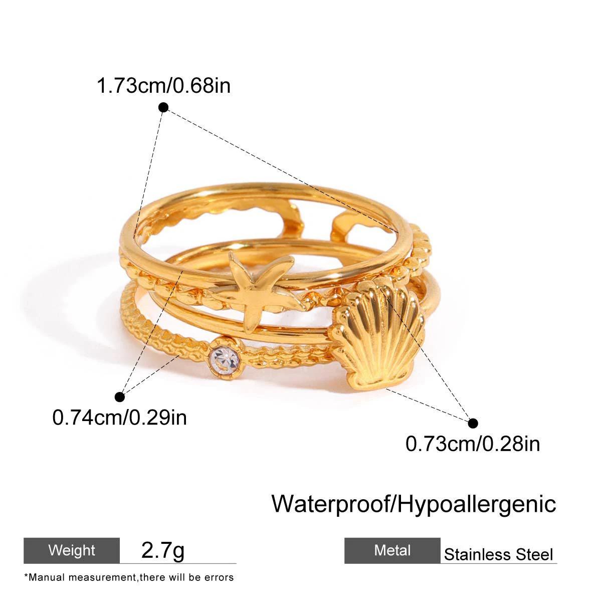 French Stackable 3PCS Starfish Conch Shell Rings Set for Women Delicate Summer Ocean Zircon Removable Ring 2025 Fashion Zircon