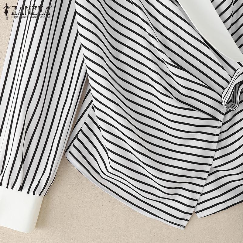 ZANZEA Blouse Décontractée Femme Col V Manches Longues Imprimé Rayures Lacée