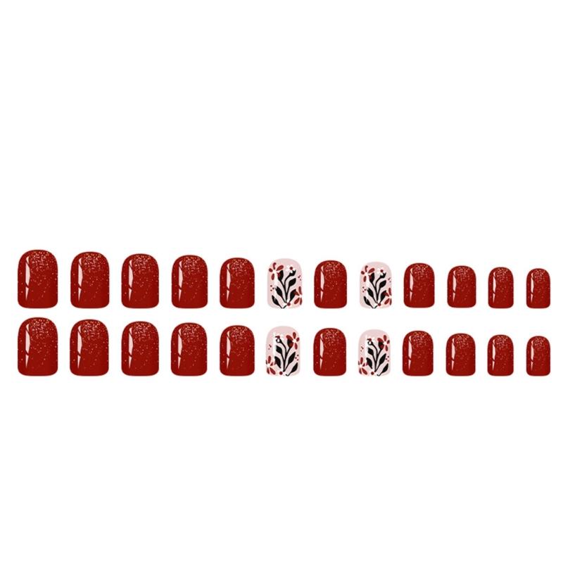 Fall Winter Red Brown Press On Nail Easy To Apply Reusable Artificial Fake Nail Comfortable For Daily Party Wedding