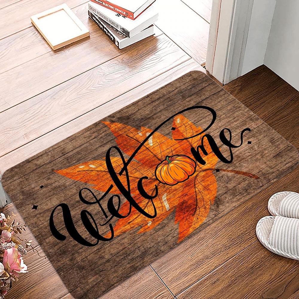 Festive Fall Farmhouse Carpet Pumpkin Harvest Door Mat 100% Polyester Maple Leaf Floral Design Rug Non-Slip For Machine Made