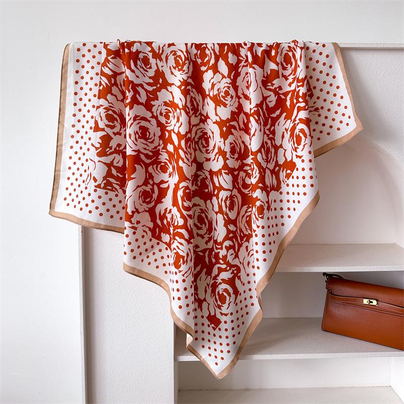 Polka Dot Camellia 90 Imitation Silk Large Square Scarf Shawl Commuting Versatile Printed Herringbone Scarf Headscarf Women