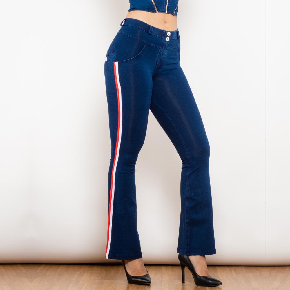 Shascullfites Melody Fashion Flare Jeans White Red Side Stripe Butt Lifting Female Casual Dark Blue Denim Bell Pants Elasticity
