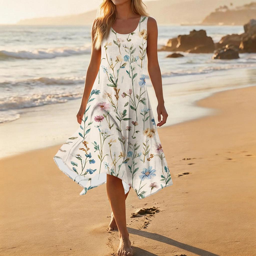 Women's Casual Fashion Round Neck Sleeveless Floral Print Midi Dress with Irregular Hem