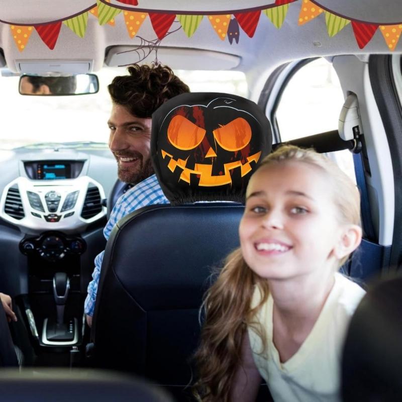 Cartoon Eye Car Seat Headrest Protectors Funny Evil Pumpkins Design Breathable Polyester Fabric Universal Size for Auto
