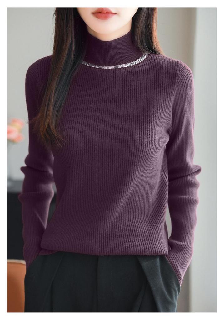 2026 Rhinestone High Neck Slim Fit Women's Knitwear Sweater - Chic Autumn Winter Base Layer