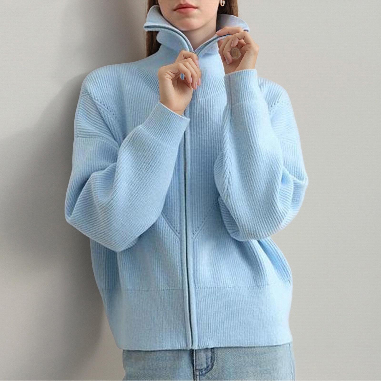 

Women s Fashion Casual Navy Collar Long Sleeve Cropped Top Lazy Style Zipper Knitted Cardigan Sweater Jacket One Size