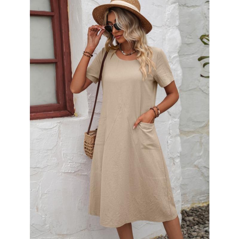 Fashion Loose Round Neck Short Sleeve Dress Pockets Solid Color Casual A-line Summer Dress Party Sweet Casual Simple Clothing
