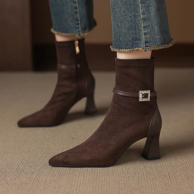 Krazing Pot Flock Pointed Toe Thin High Heels Modern Boots Size 42 Zip Plus Size Crystal Buckle Women Elastic Ankle Boots