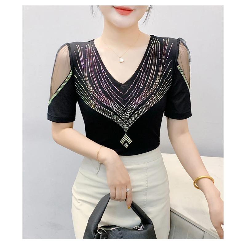 Summer V Neck Mesh Korean Fashion Patchwork Diamond Shirt Short Sleeve Women T Shirt