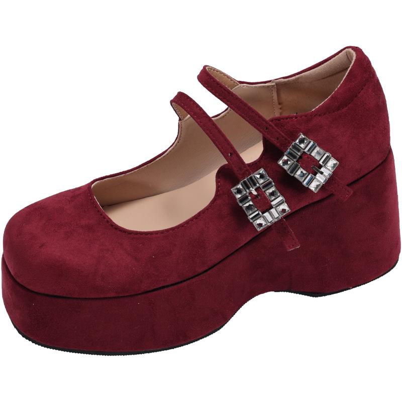 

Spring new cashmere slope heel Mary Jane single shoes round head rhinestone belt buckle high heel single shoes heightened sole 42 бордовый
