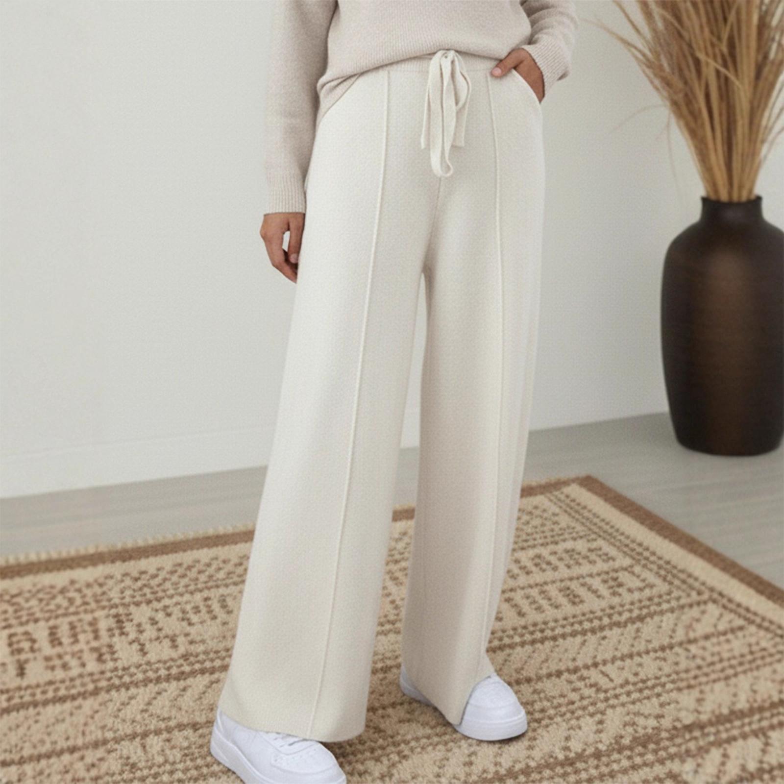 

Women s Fashionable Solid Color Drawstring Pocket High Waist Casual Straight Leg Pants XL белый