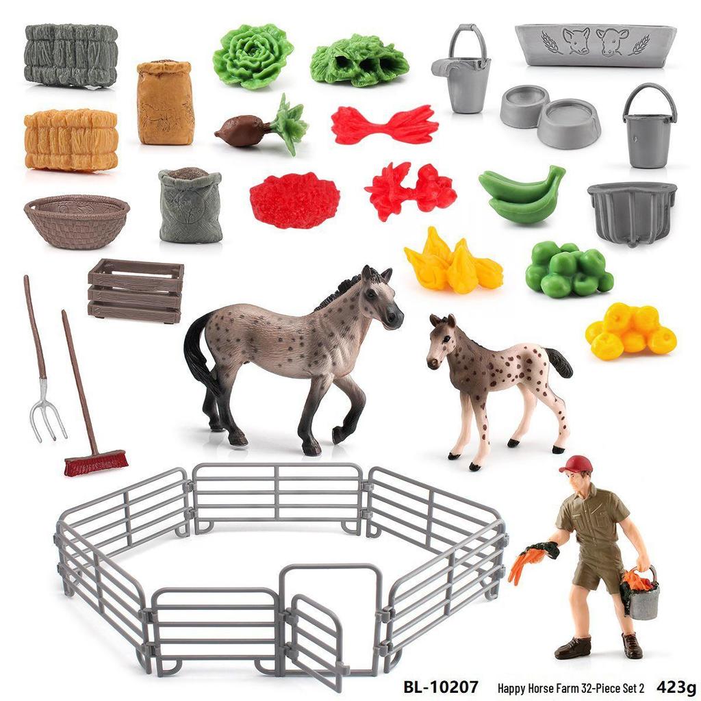 Cross-Border Children's Horse Farm Playset with Pinto Horse, Worker, Fence, Tools, Haystack, and Scene Decoration