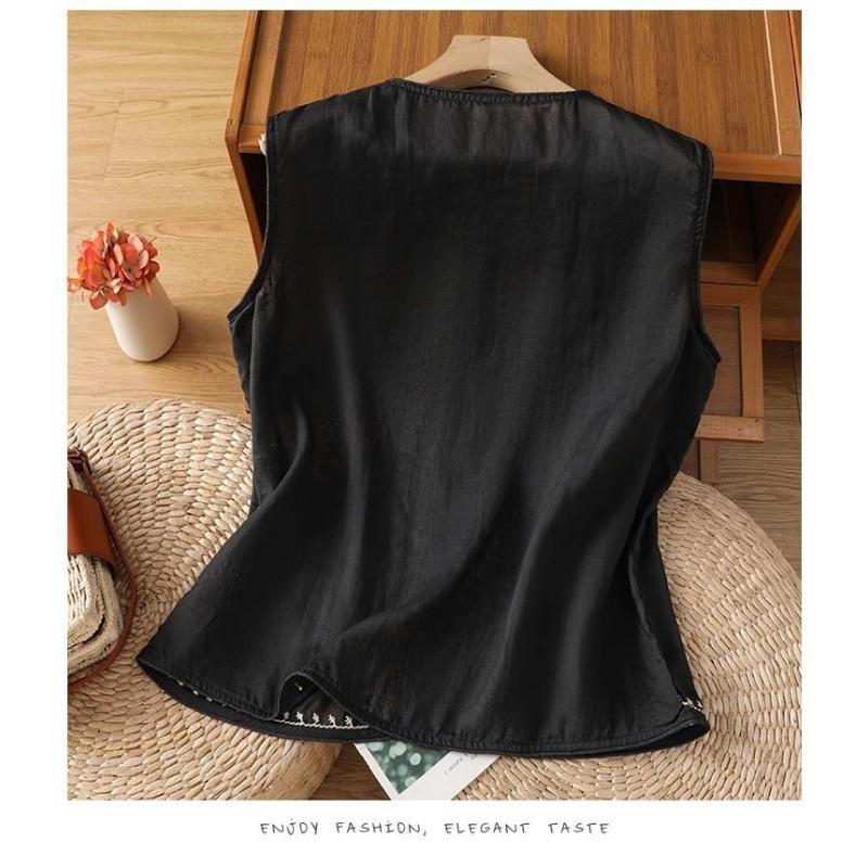Women Off White Linen Sleeveless Vest Round Neck Front Ethnic Embroidery Open Front Loose Casual Waistcoat