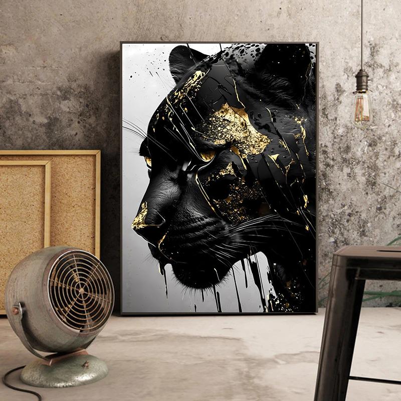 Abstract Black Panther with Golden Texture Canvas Painting Black and Gold Animal Posters for Living Room Decoration Cuadros