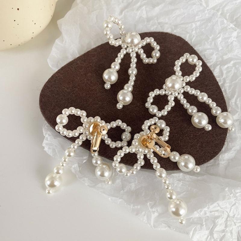 Fashionable Imitation Pearls Ear Clips Exquisite Pearls Beaded Bowknot Dangle Ear Studs for Daily Wear Dates Parties