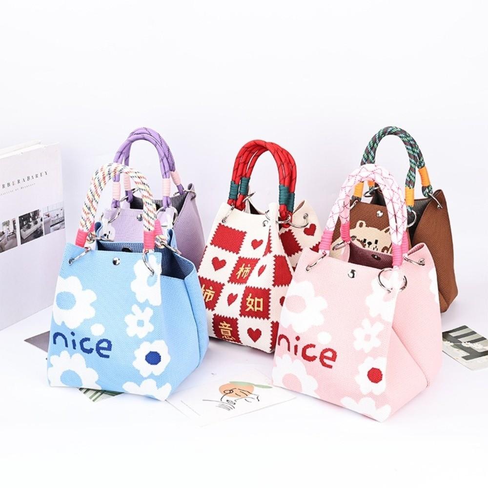 Casual Storage Bag Knit Tote Bag Lightweight Large Capacity Woven Handbag Ring Buckle Bag Women