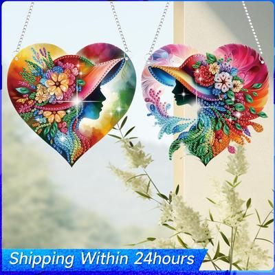2Pcs Girl Theme 2D/Flat DIY Hanging Diamond Art Kits Single Side Drill Crystal Painting Ornament Wall Decor for Home & Windows