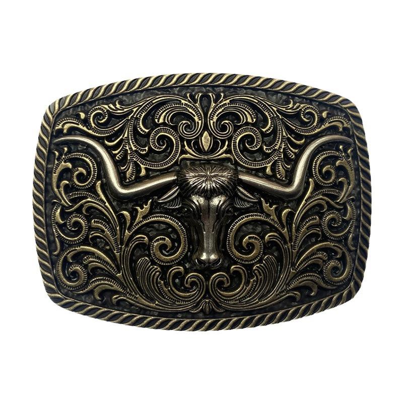 Lycoris Retro Western Cowboy Bull Head Leather Belt Buckle, 4.0cm, Smooth Square Design.