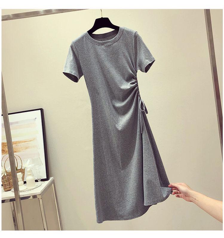 2026 Korean Style Summer Drawstring Waist-cinching Student T-shirt Dress Large