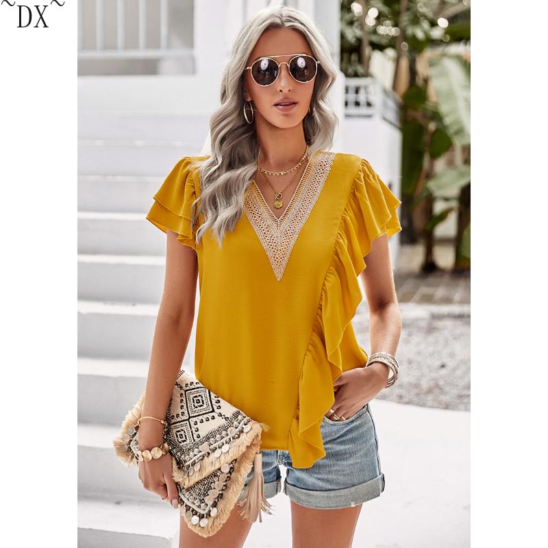 DX~~Short Sleeved Shirt Women's Summer Style Commuting V-neck Ruffle Top