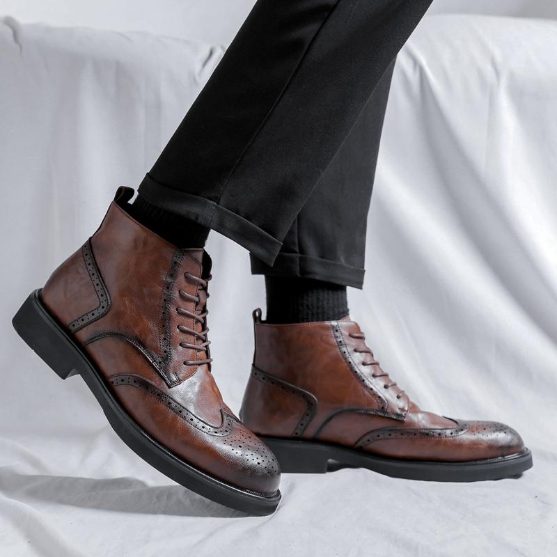 Men's high top leather shoes classic retro brogue style Autumn and Winter Outdoor Daily Business Office Black brown short boots