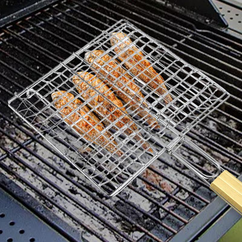 Fish Grilling Rack For Camping Portable Grill Basket Wooden Handle Shrimp Vegetable Grilling Plate High-Temperature Resistant