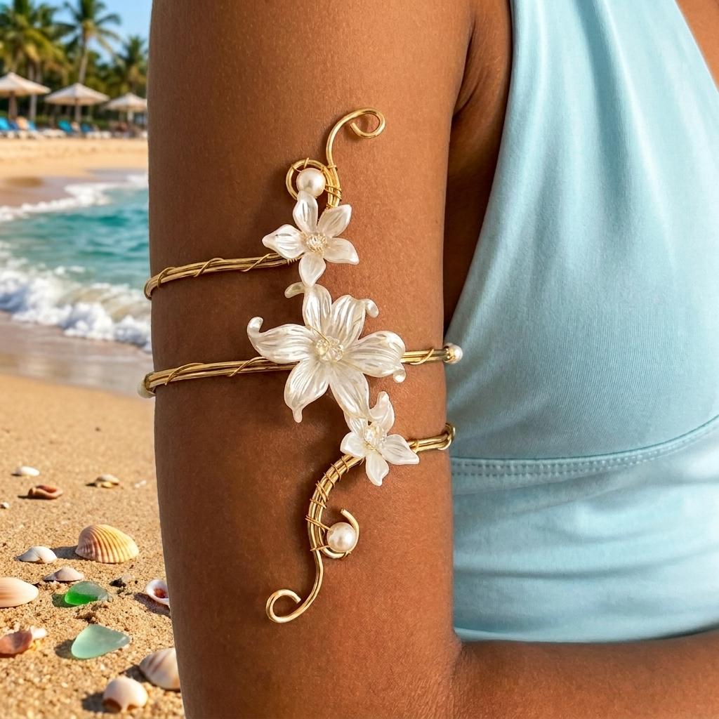 Boho Elegant White Flower Open Cuff Armlet for Women Vintage Gold Wire Wrapped Adjustable Arm Bracelet Beach Body Jewelry