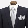 [Gran creer] Necktie and Pocket Square Set, Formal Wear for Weddings, Silk, Made in Japan, Fujiyama Weave, Gran Creer (Triple Stripe x Silver)