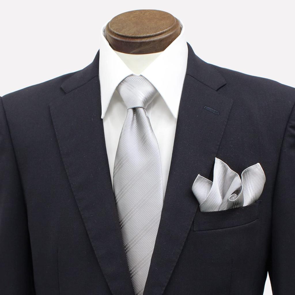 [Gran creer] Necktie and Pocket Square Set, Formal Wear for Weddings, Silk, Made in Japan, Fujiyama Weave, Gran Creer (Triple Stripe x Silver)