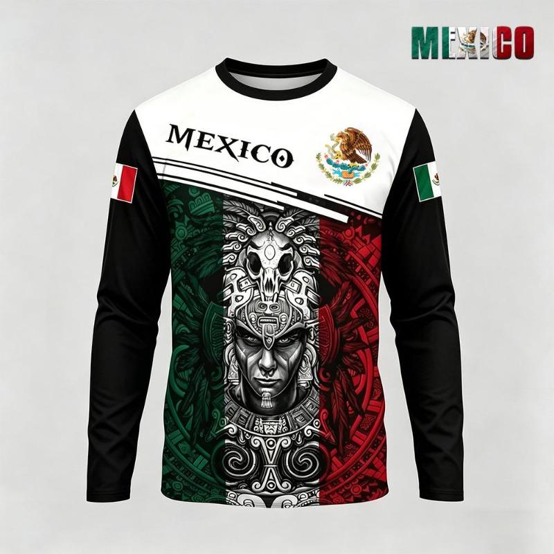 Mexico Themed Printed Long Sleeve T-shirt Fashion Casual Mexican Flag Pattern Streetwear Men's Outdoor Sport Breathable Tops