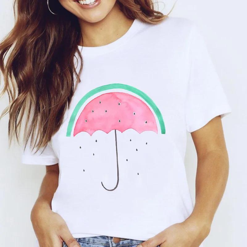 Women's Fruit-Flower Print Crew-Neck Tee Spring/Summer Aesthetic Polyester Fiber Cute Base Shirt Trendy Top