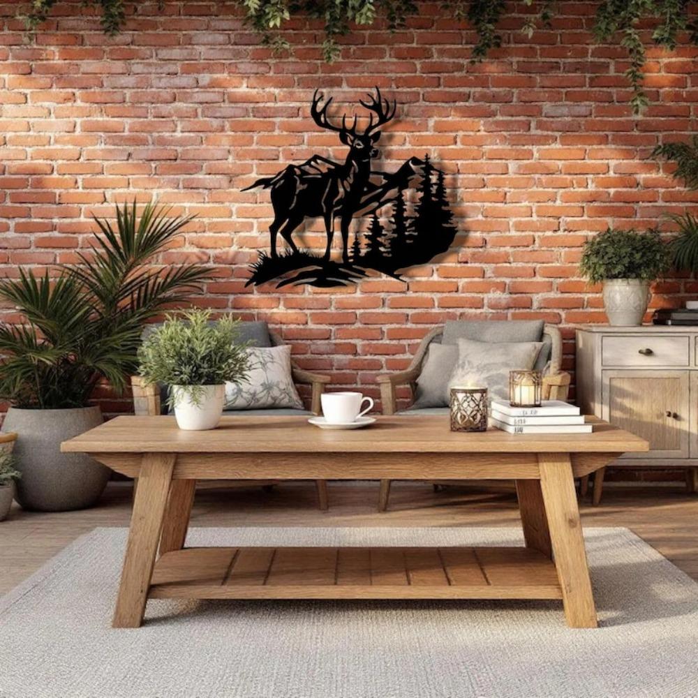 Forest Wildlife Metal Wall Art Deer Mountain Silhouette Steel Sculpture Home Decor