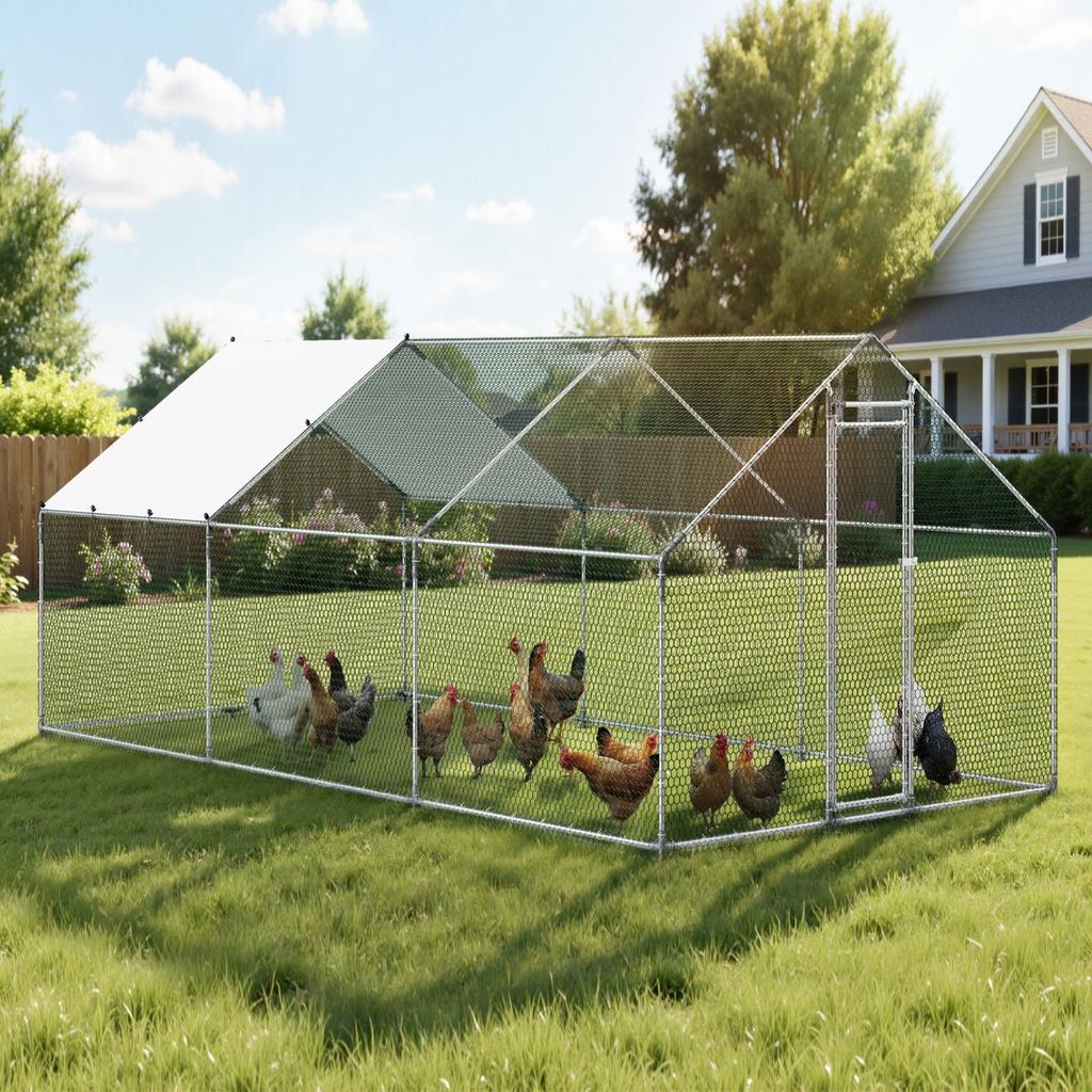 Metal Chicken Coop, 9.8x19.6x6.5 ft Large Walk-in Chicken Runs with Cover, Spire Roof Hen House Enclosure with Security Lock, Outdoor Duck Rabbit Cage
