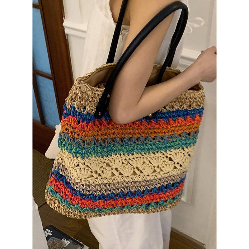 IELGY Summer Contrast Color Woven Bag Fashion Ethnic Style Large Capacity Tote Bag