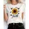Women's White Faith Sunflower & Butterfly Print T-Shirt with Inspirational Faith Lettering - Loose Fit Round Neck Casual Short Sleeve Top