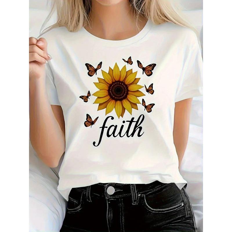 Women s White Faith Sunflower & Butterfly Print T-Shirt with Inspirational Faith Lettering - Loose Fit Round Neck Casual Short Sleeve Top S белый