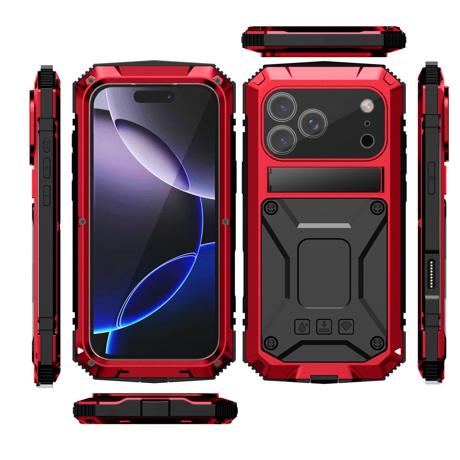 

360° Захисний Міцний Військовий Металевий Чохол для iPhone 17 Pro / Air / 16 Pro Max Ударостійкий Вбудована Силіконова Накладка з Загартованим Склом iPhone 16 Pro червоний
