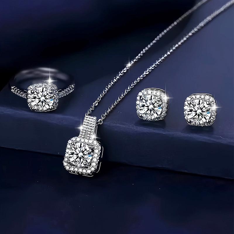 Sterling Silver Jewelry Set with Necklace Pendant Earrings and Ring Featuring Cubic Zirconia Stones Classic Design for Everyday Wear