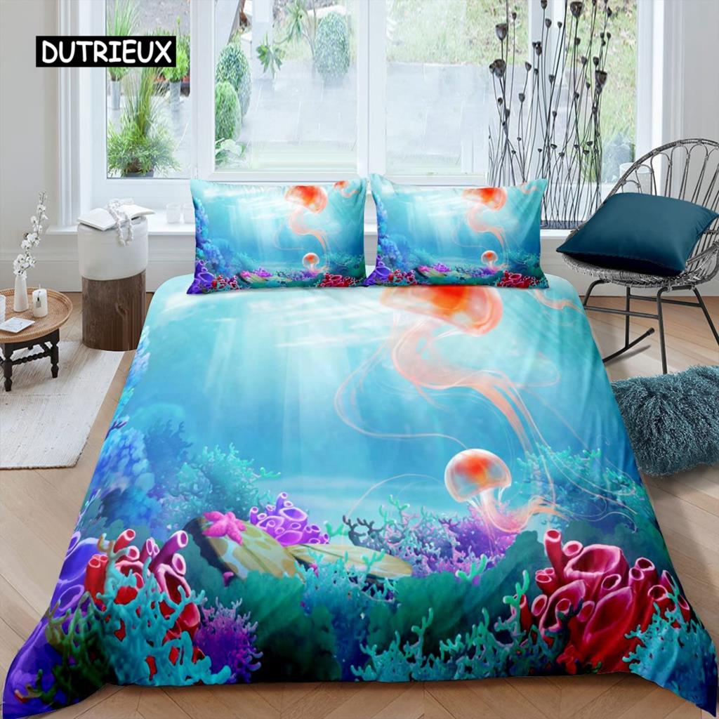 

Jellyfish Duvet Cover Ocean Nautical Comforter Cover Hawaii Beach Bedding Set Microfiber Sea Animal Coral Queen King Quilt Cover EU single(135x200cm)