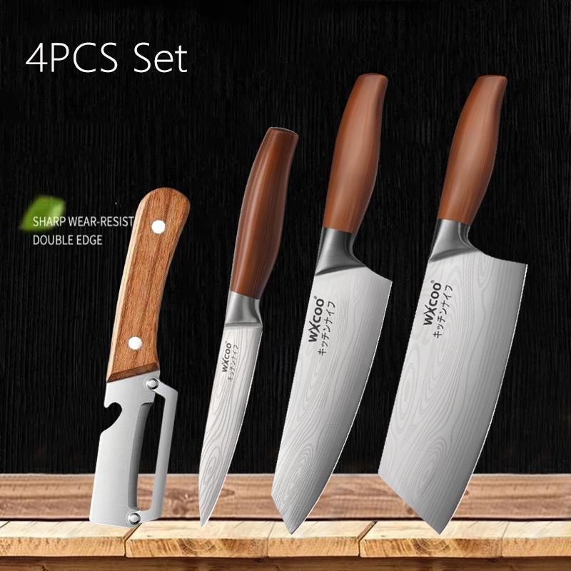 1~4PCS WXCOO Knife Set Stainless Steel Kitchen Fruit Peeler Damascus Pattern Chef Knife Fruit and Vegetables Peeling Tools