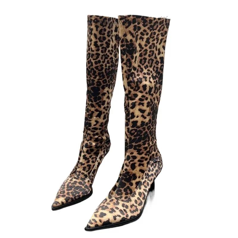 Women's Shoes 2025 High Quality Back Zip Women's Boots Fashion Leopard Print Modern Boots Women Sexy Pointed Toe Knee-High Boots